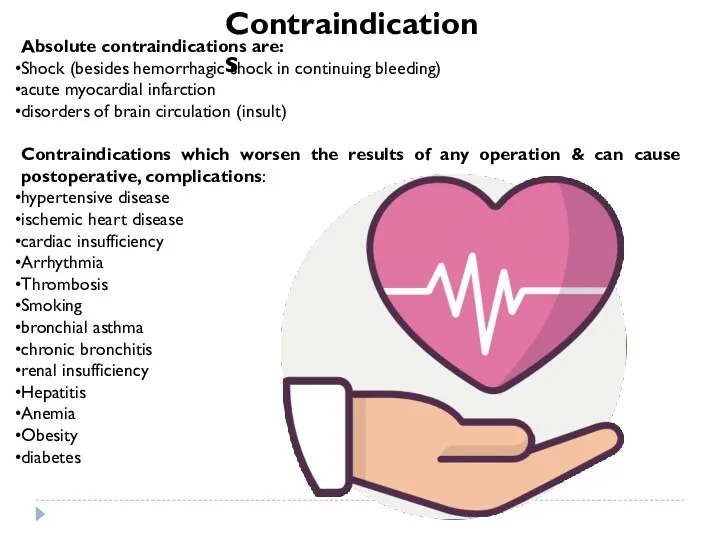 Absolute contraindications are: Shock (besides hemorrhagic shock in continuing bleeding)