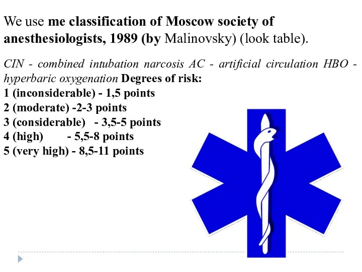 We use me classification of Moscow society of anesthesiologists, 1989