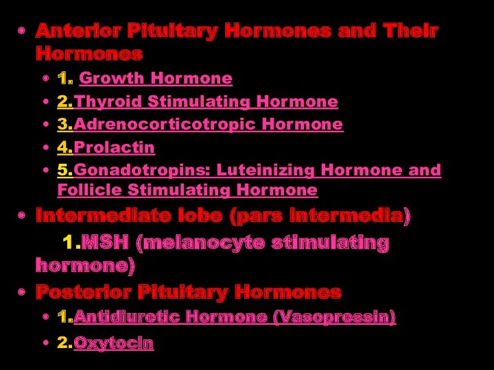 Anterior Pituitary Hormones and Their Hormones 1. Growth Hormone 2.Thyroid