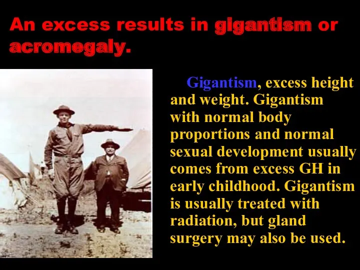 An excess results in gigantism or acromegaly. Gigantism, excess height