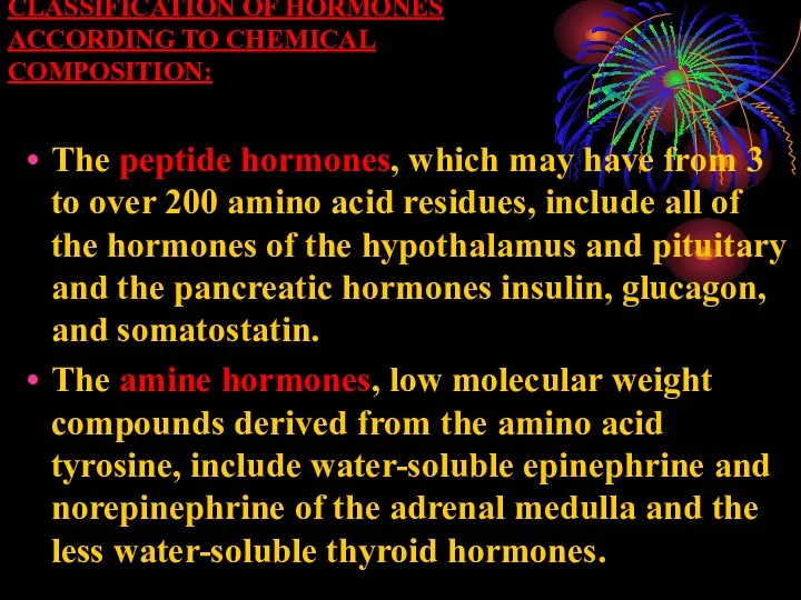 CLASSIFICATION OF HORMONES ACCORDING TO CHEMICAL COMPOSITION: The peptide hormones,