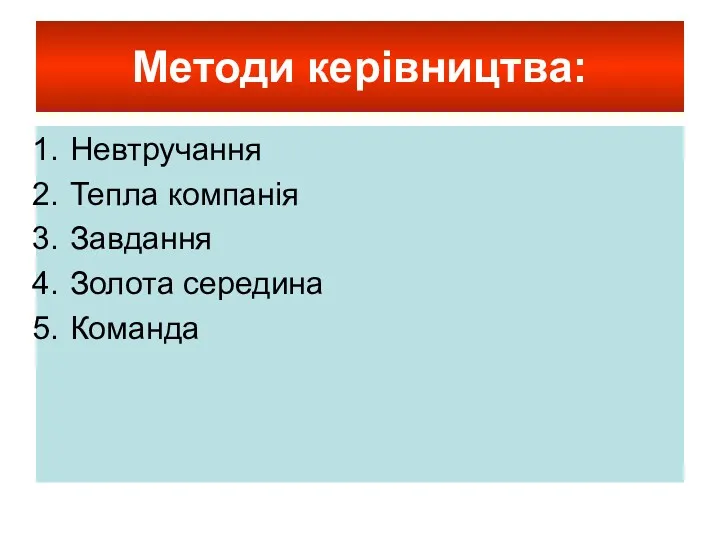 Методи керівництва: Невтручання Тепла компанія Завдання Золота середина Команда