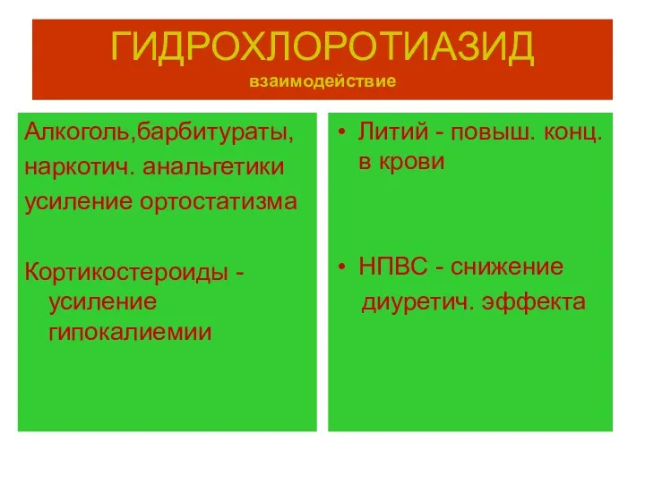 ГИДРОХЛОРОТИАЗИД взаимодействие Алкоголь,барбитураты, наркотич. анальгетики усиление ортостатизма Кортикостероиды - усиление