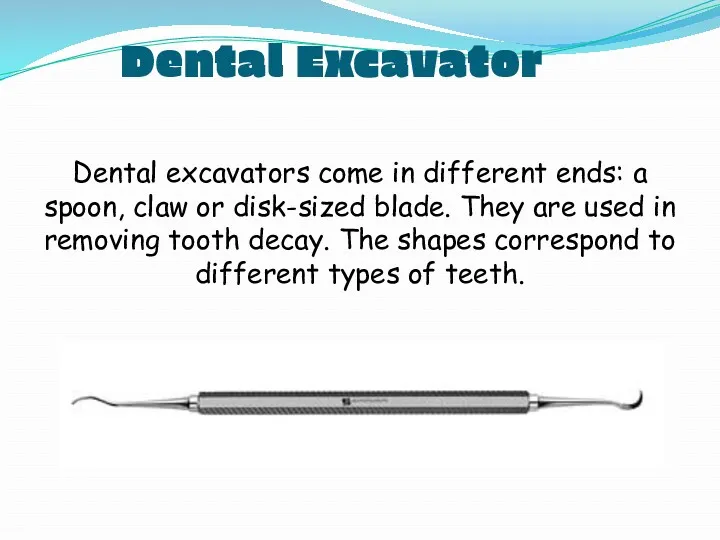 Dental Excavator Dental excavators come in different ends: a spoon, claw or disk-sized