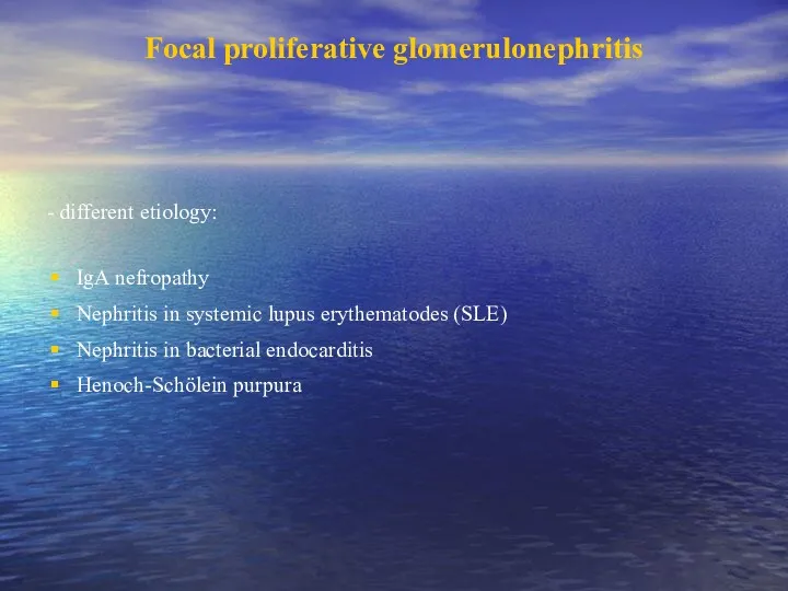 Focal proliferative glomerulonephritis - different etiology: IgA nefropathy Nephritis in