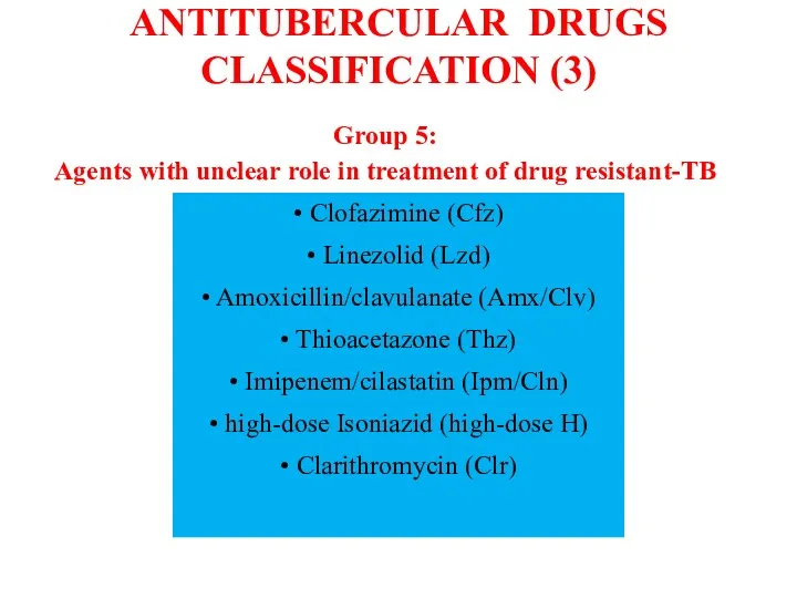 ANTITUBERCULAR DRUGS CLASSIFICATION (3) Group 5: Agents with unclear role