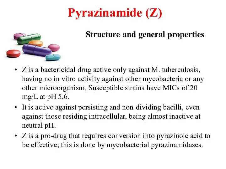 Pyrazinamide (Z) Z is a bactericidal drug active only against