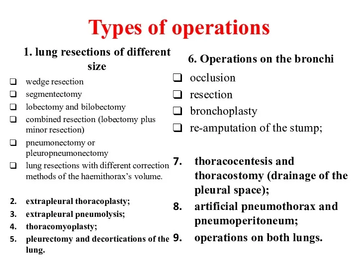 Types of operations 1. lung resections of different size wedge