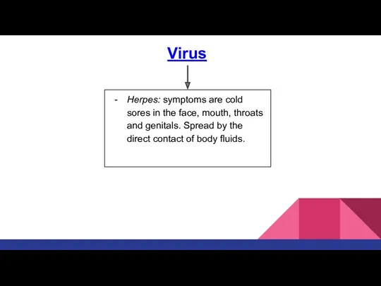 Virus Herpes: symptoms are cold sores in the face, mouth, throats and genitals.