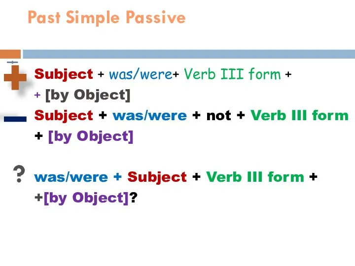 Past Simple Passive Subject + was/were+ Verb III form +