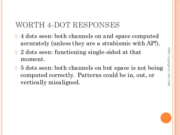 WORTH 4-DOT RESPONSES 4 dots seen: both channels on and space computed accurately