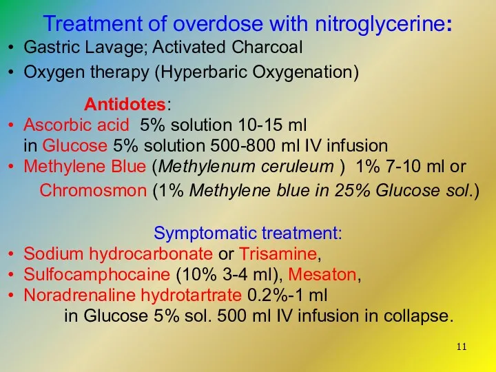 Treatment of overdose with nitroglycerine: Gastric Lavage; Activated Charcoal Oxygen