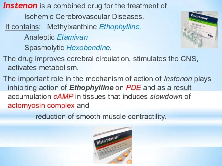 Instenon is a combined drug for the treatment of Ischemic Cerebrovascular Diseases. It