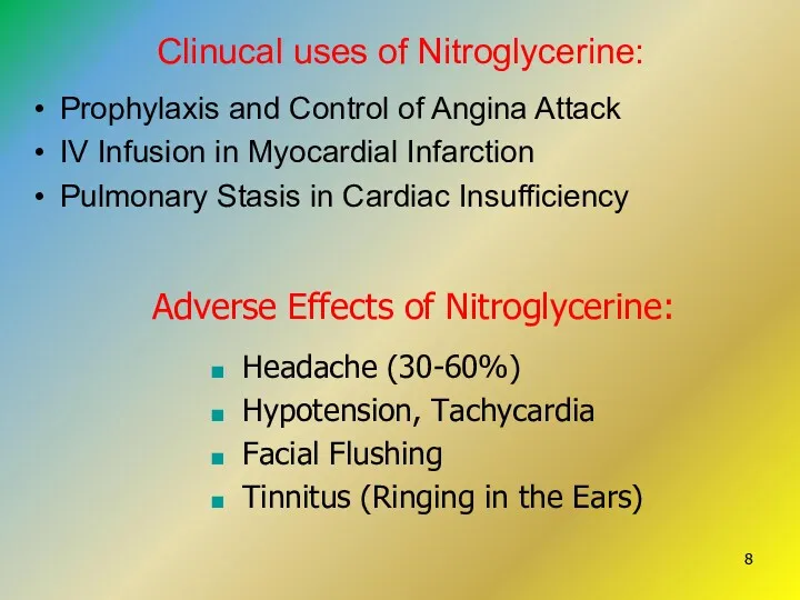 Clinucal uses of Nitroglycerine: Prophylaxis and Control of Angina Attack IV Infusion in