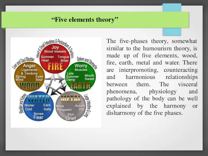 “Five elements theory” The five-phases theory, somewhat similar to the humourism theory, is