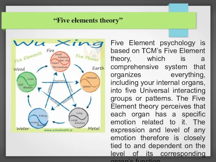 “Five elements theory” Five Element psychology is based on TCM’s Five Element theory,