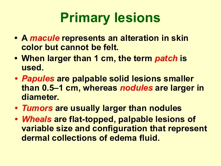 Primary lesions A macule represents an alteration in skin color