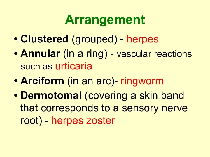 Arrangement Clustered (grouped) - herpes Annular (in a ring) -