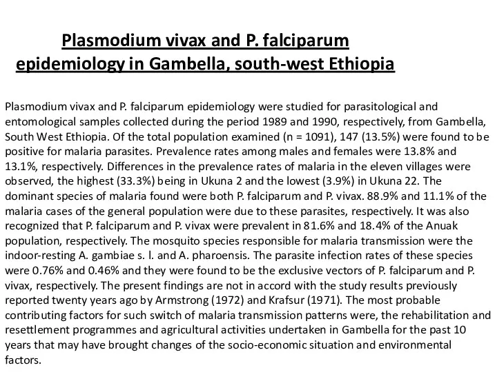 Plasmodium vivax and P. falciparum epidemiology in Gambella, south-west Ethiopia