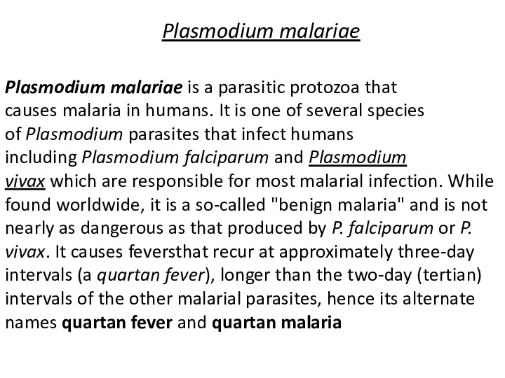 Plasmodium malariae Plasmodium malariae is a parasitic protozoa that causes