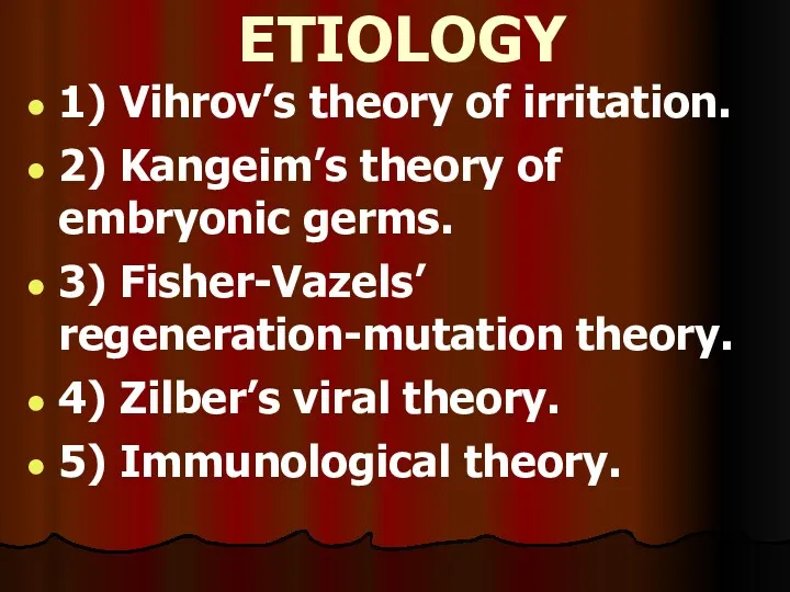 ETIOLOGY 1) Vihrov’s theory of irritation. 2) Kangeim’s theory of embryonic germs. 3)