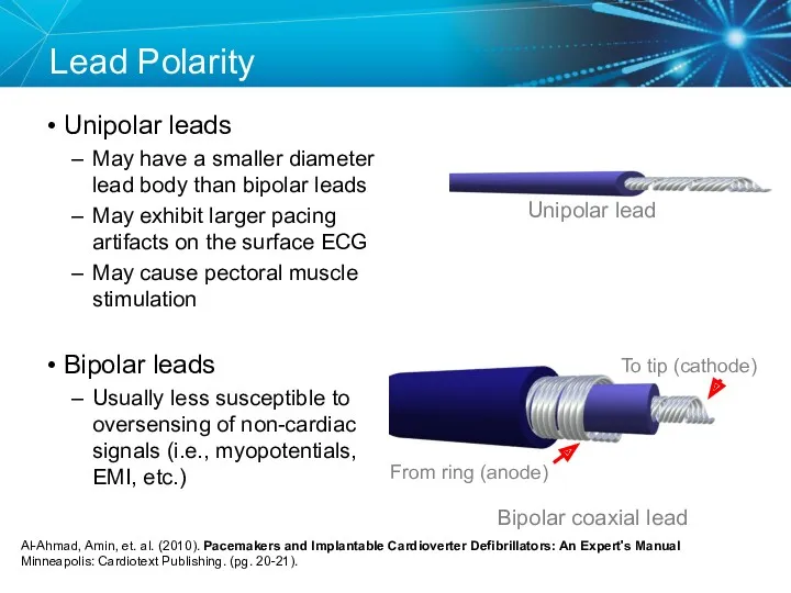 Lead Polarity Unipolar leads May have a smaller diameter lead