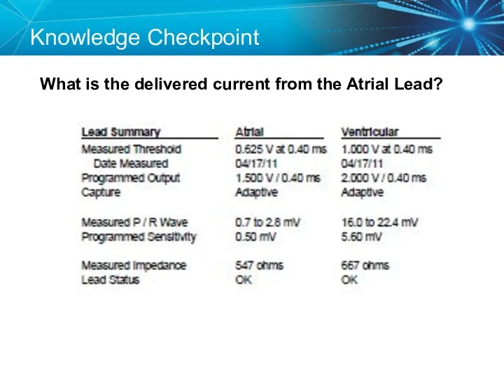 Knowledge Checkpoint What is the delivered current from the Atrial Lead?