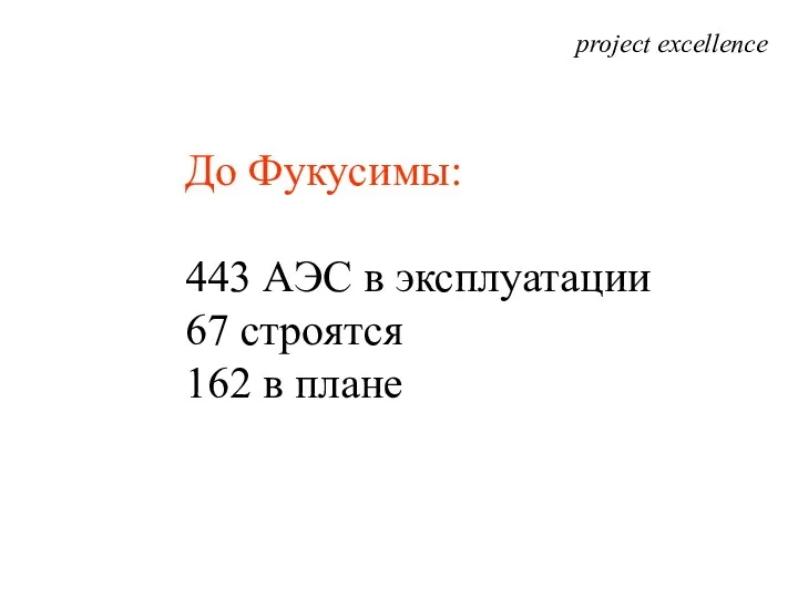 project excellence До Фукусимы: 443 АЭС в эксплуатации 67 строятся 162 в плане