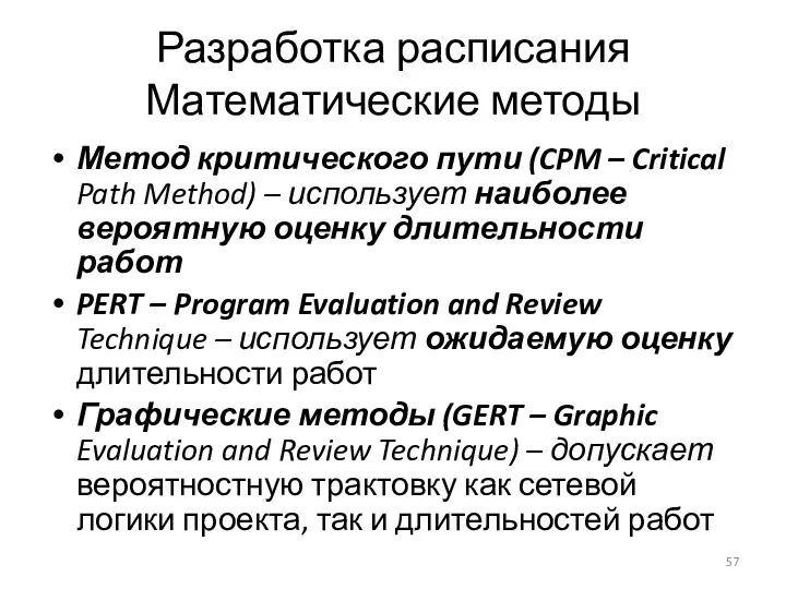 Разработка расписания Математические методы Метод критического пути (CPM – Critical Path Method) –