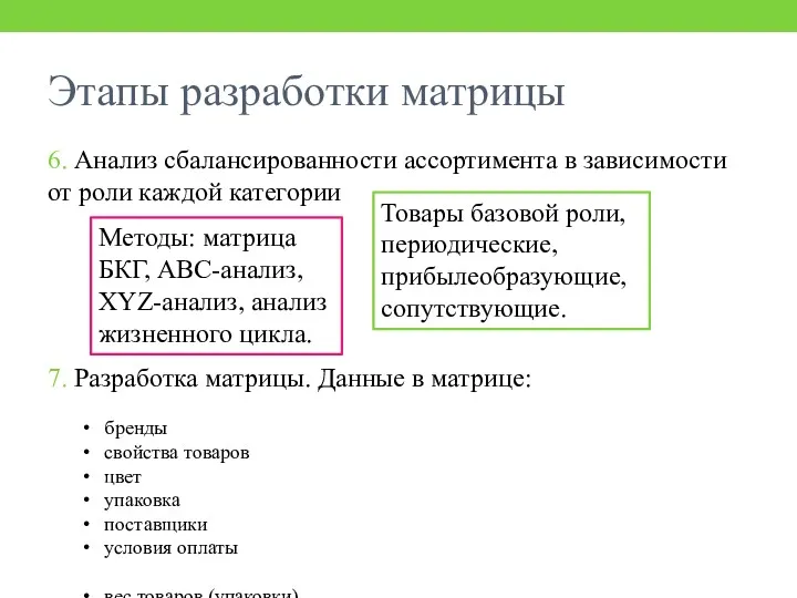 Этапы разработки матрицы 6. Анализ сбалансированности ассортимента в зависимости от