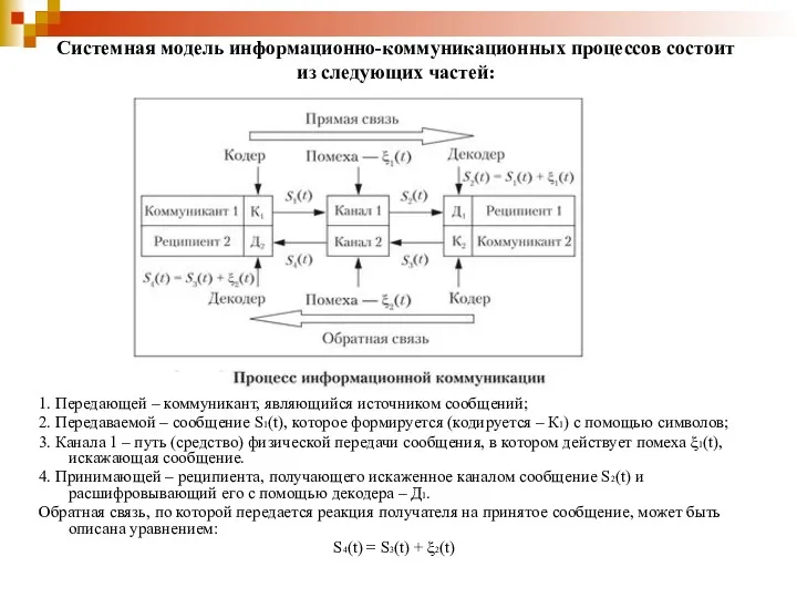 1. Передающей – коммуникант, являющийся источником сообщений; 2. Передаваемой –