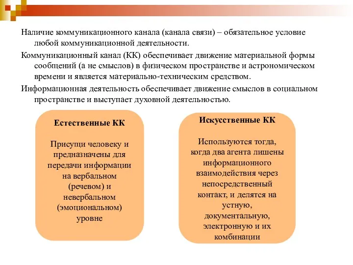 Наличие коммуникационного канала (канала связи) – обязательное условие любой коммуникационной