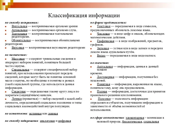 Классификация информации по способу восприятия: Визуальная — воспринимаемая органами зрения