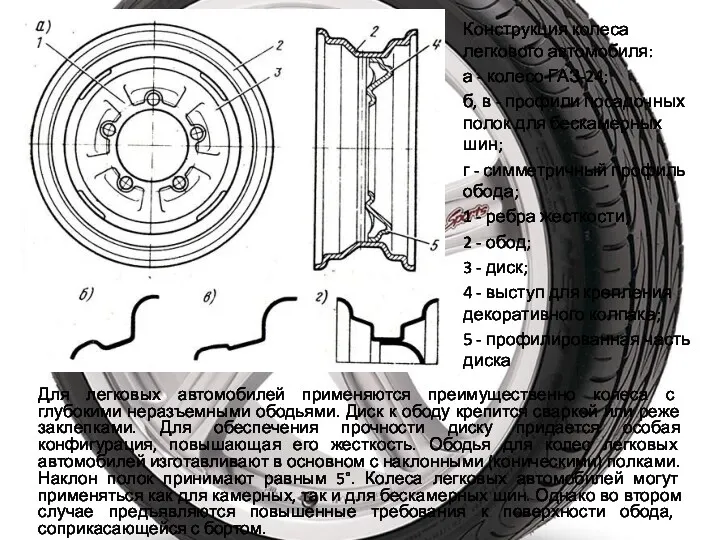 Для легковых автомобилей применяются преимущественно колеса с глубокими неразъемными ободьями.