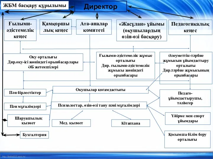 Директор Ғылыми-әдістемелік кеңес Қамқоршылық кеңес Ата-аналар комитеті Педагогикалық кеңес «Жасұлан» ұйымы (оқушылардың өзін-өзі