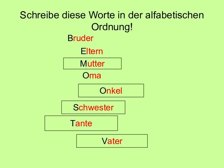 Schreibe diese Worte in der alfabetischen Ordnung! Eltern Bruder Mutter Oma Onkel Schwester Tante Vater