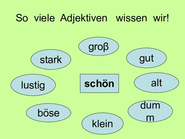 So viele Adjektiven wissen wir! schön klein groβ gut alt dumm böse stark lustig