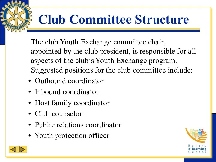 Club Committee Structure The club Youth Exchange committee chair, appointed