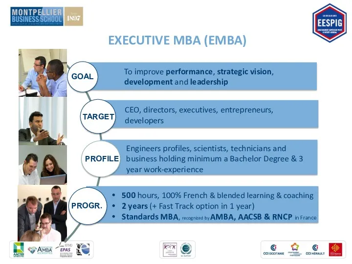 EXECUTIVE MBA (EMBA) Engineers profiles, scientists, technicians and business holding minimum a Bachelor
