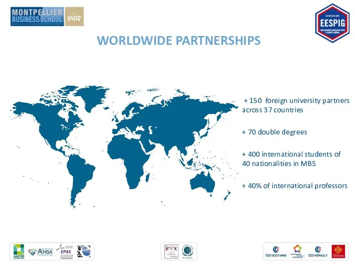 WORLDWIDE PARTNERSHIPS + 150 foreign university partners across 37 countries + 70 double