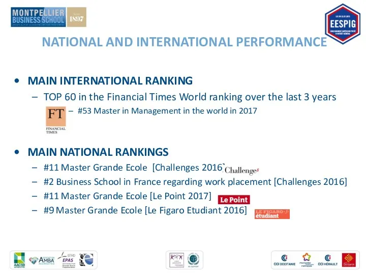 NATIONAL AND INTERNATIONAL PERFORMANCE MAIN INTERNATIONAL RANKING TOP 60 in the Financial Times