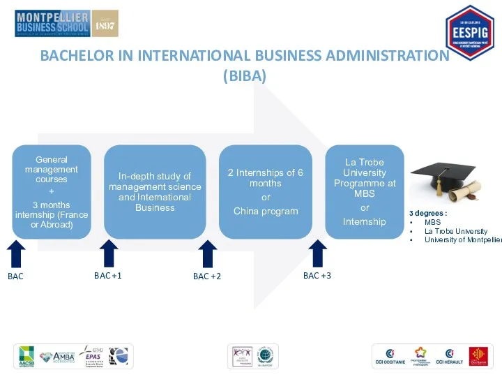 3 degrees : MBS La Trobe University University of Montpellier BAC BAC +1