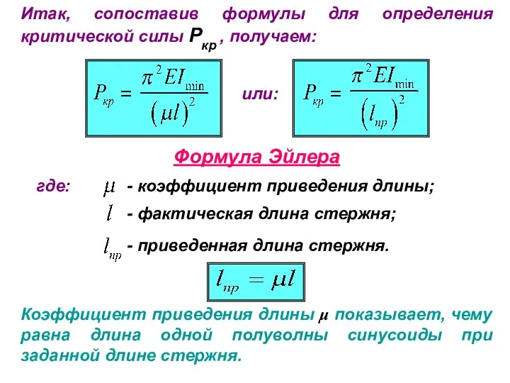 Коэффициент приведения длины μ показывает, чему равна длина одной полуволны