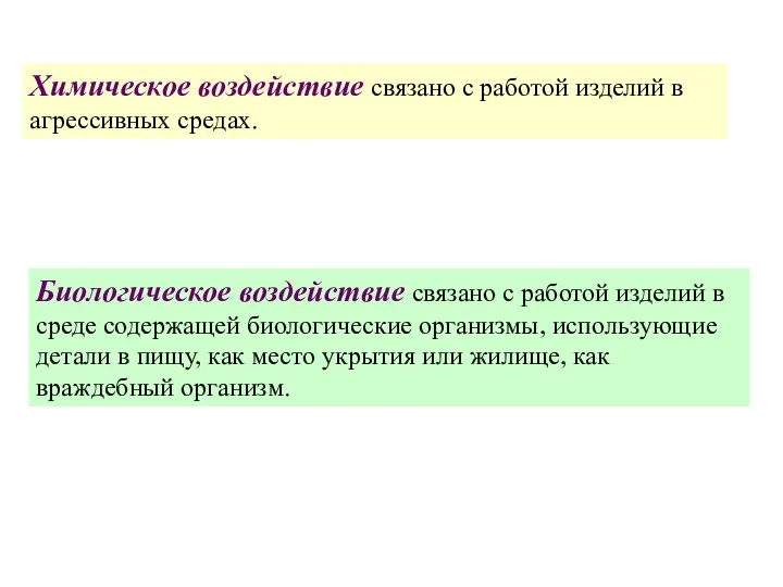 Химическое воздействие связано с работой изделий в агрессивных средах. Биологическое