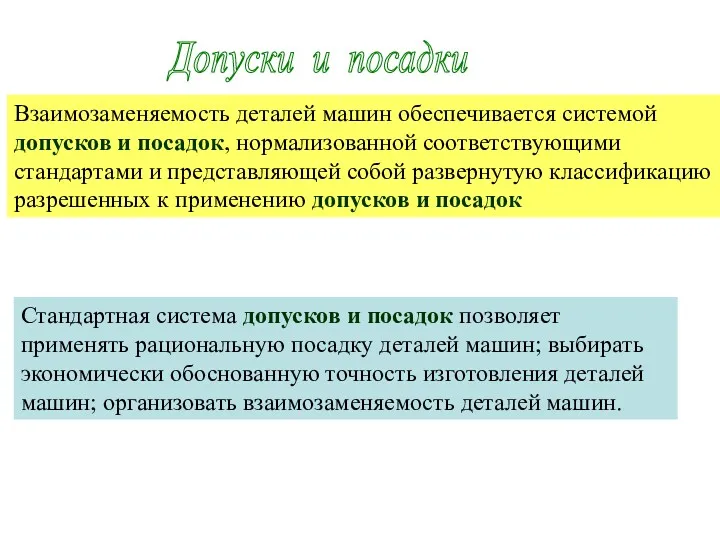 Допуски и посадки Взаимозаменяемость деталей машин обеспечивается системой допусков и посадок, нормализованной соответствующими