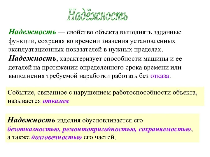 Надёжность Надежность — свойство объекта выполнять заданные функции, сохраняя во времени значения установленных