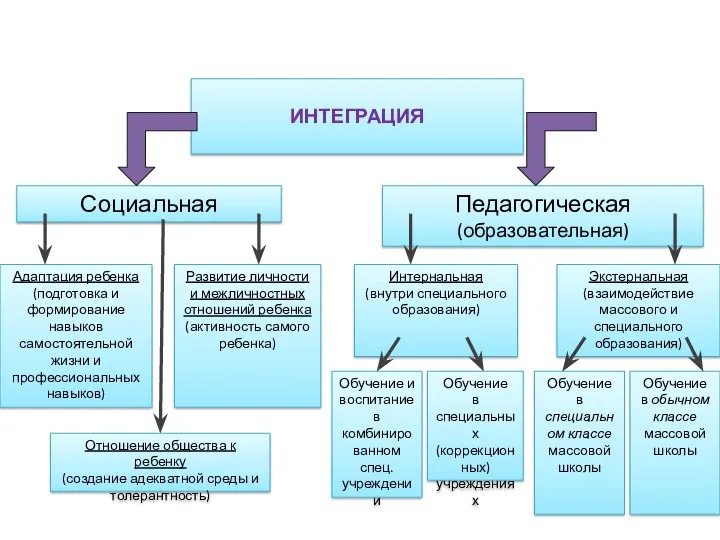 ИНТЕГРАЦИЯ Социальная Педагогическая (образовательная) Адаптация ребенка (подготовка и формирование навыков