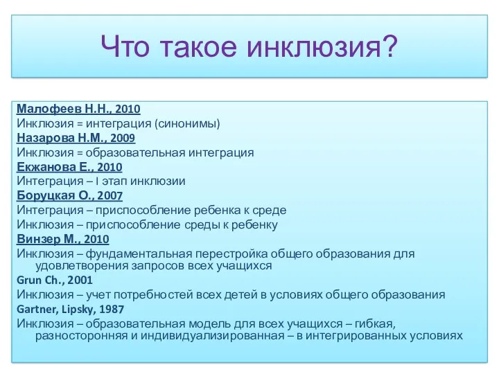 Что такое инклюзия? Малофеев Н.Н., 2010 Инклюзия = интеграция (синонимы) Назарова Н.М., 2009