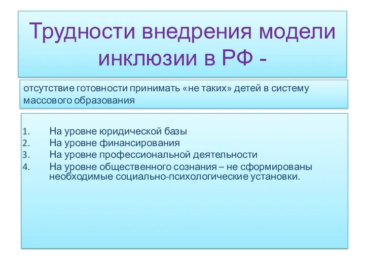 Трудности внедрения модели инклюзии в РФ - На уровне юридической базы На уровне