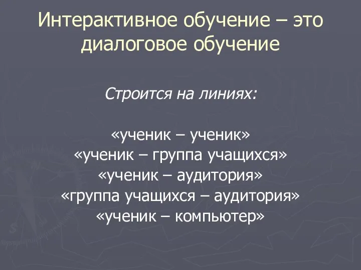 Интерактивное обучение – это диалоговое обучение Строится на линиях: «ученик